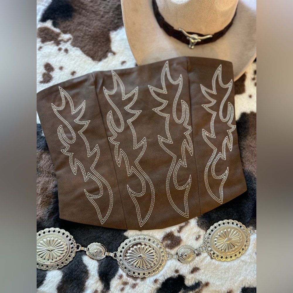 New! Western Brown Faux Leather Embroidered Corset Top with adjustable back lace